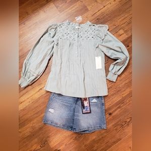 by the River top M light turquoise puff sleeve eyelet feminine cute preppy